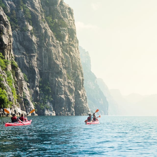 Stavanger: Lysefjord Kayak Safari (Waterfalls & Pulpit Rock) - Vagabonds Cave, waterfalls, and the turn toward Pulpit Rock